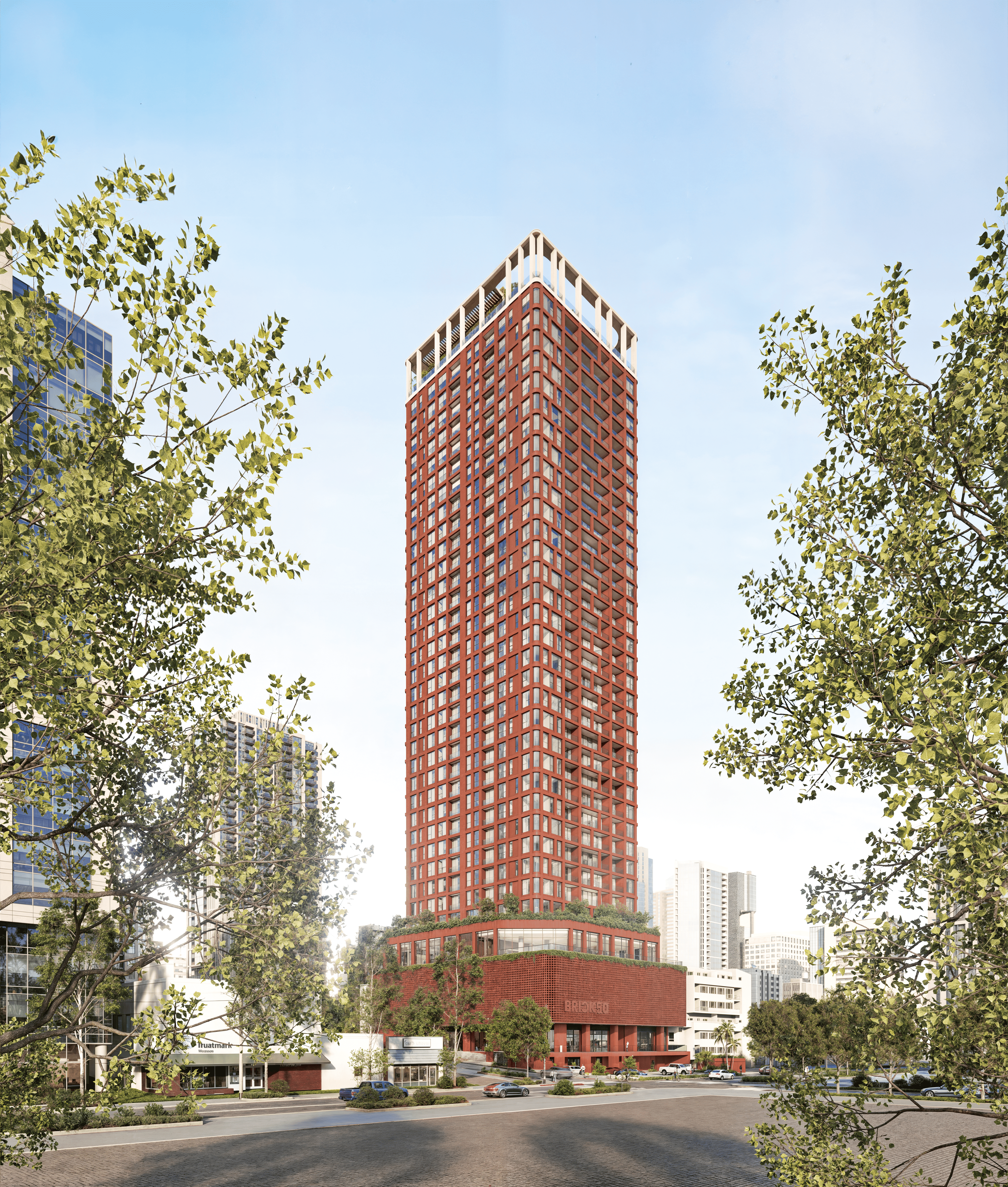 Render del edificio Brick50 con una vista imponente al atardecer