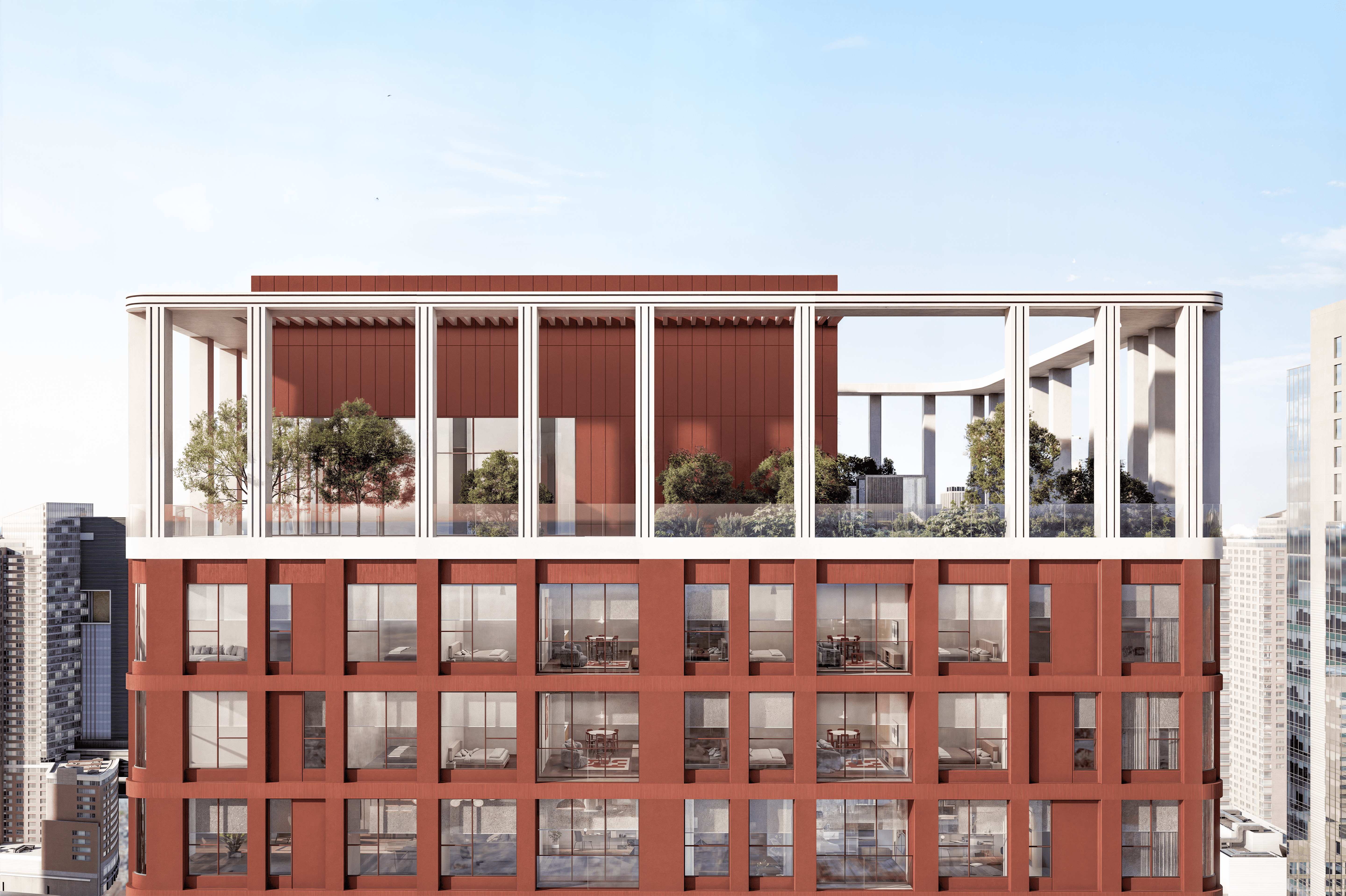 Interior de un apartamento moderno y lujoso con vista a la ciudad