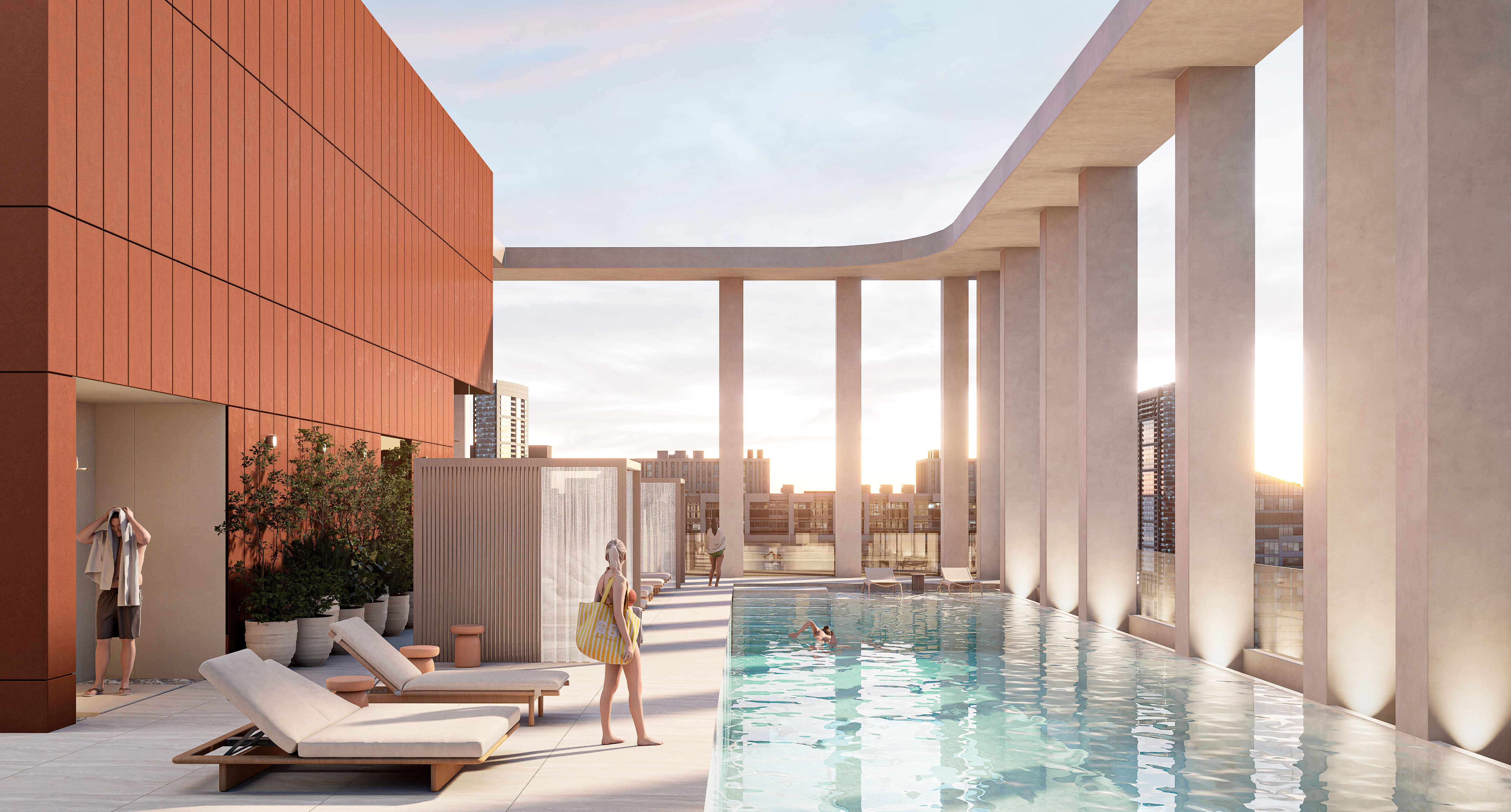 Piscina en el rooftop con vista a la ciudad